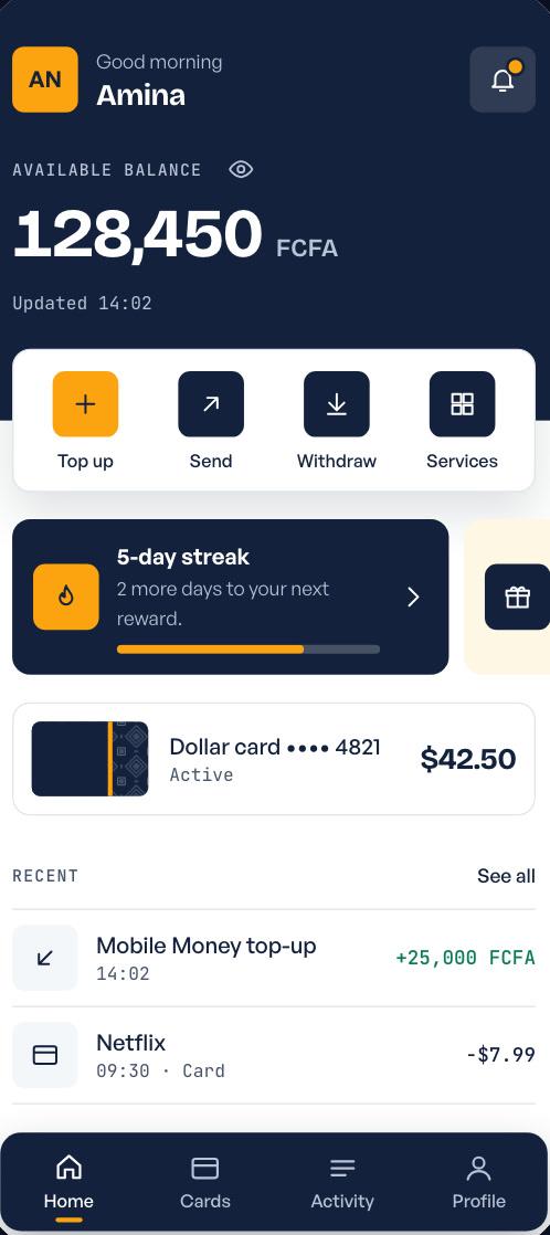 DvPay mobile app home screen built by DV Tech