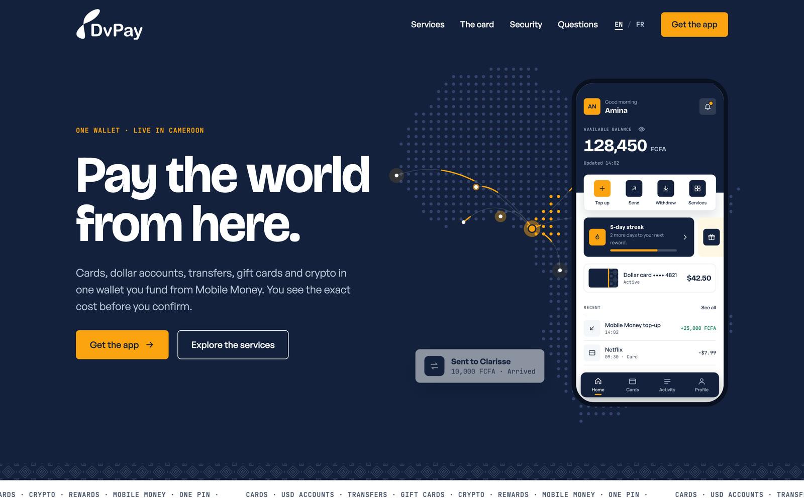 DvPay website home page: Pay the world from here, with the mobile app beside it