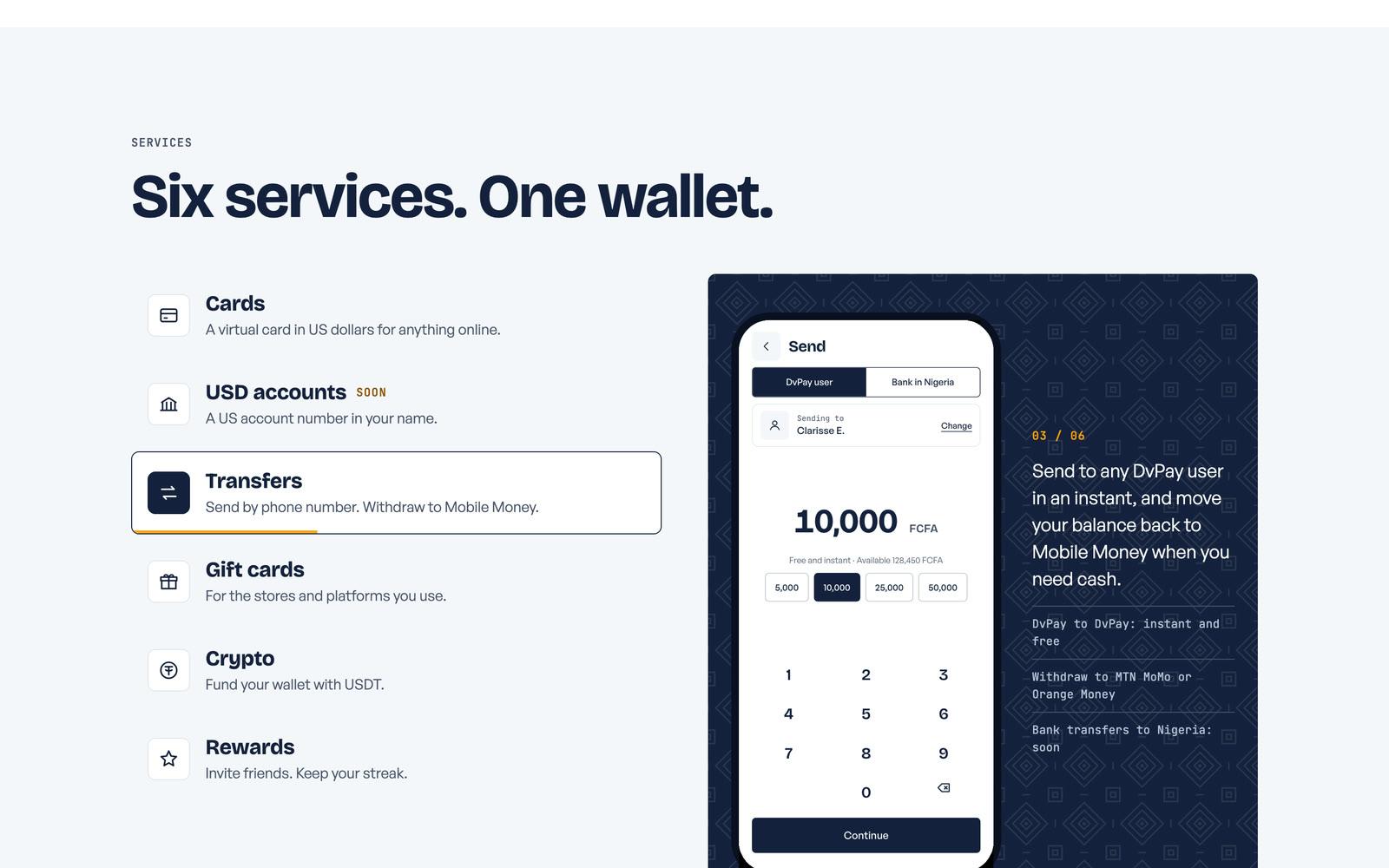 DvPay services section showing the Send screen of the mobile app